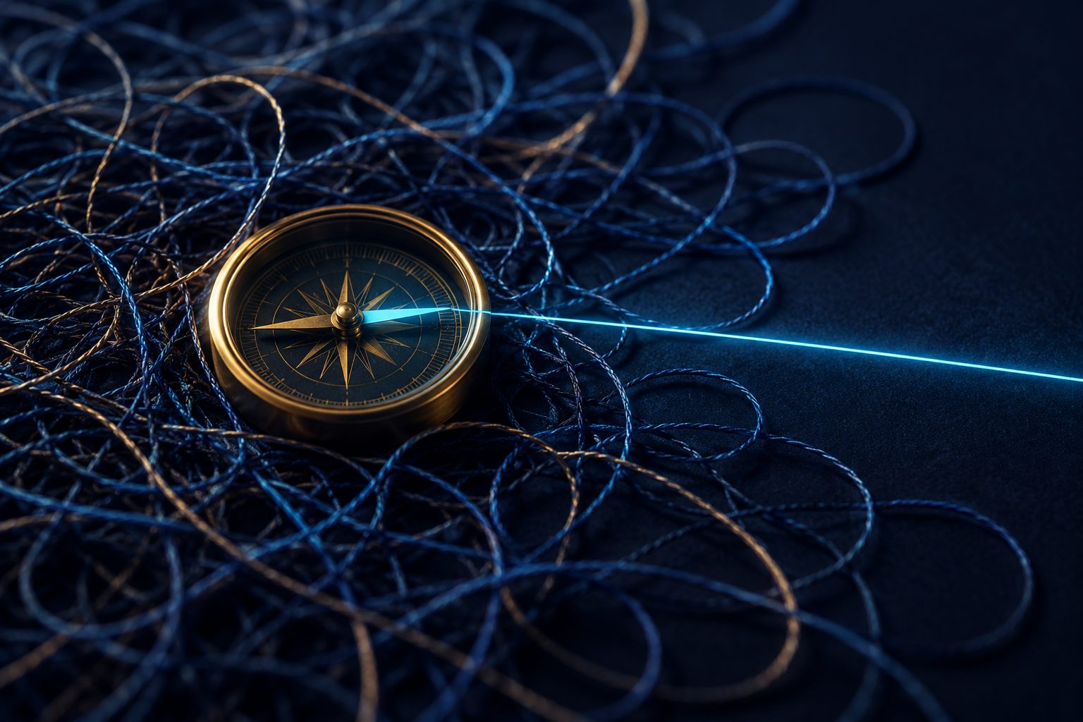 A brass compass amid tangled threads, with one straight line of light leading away