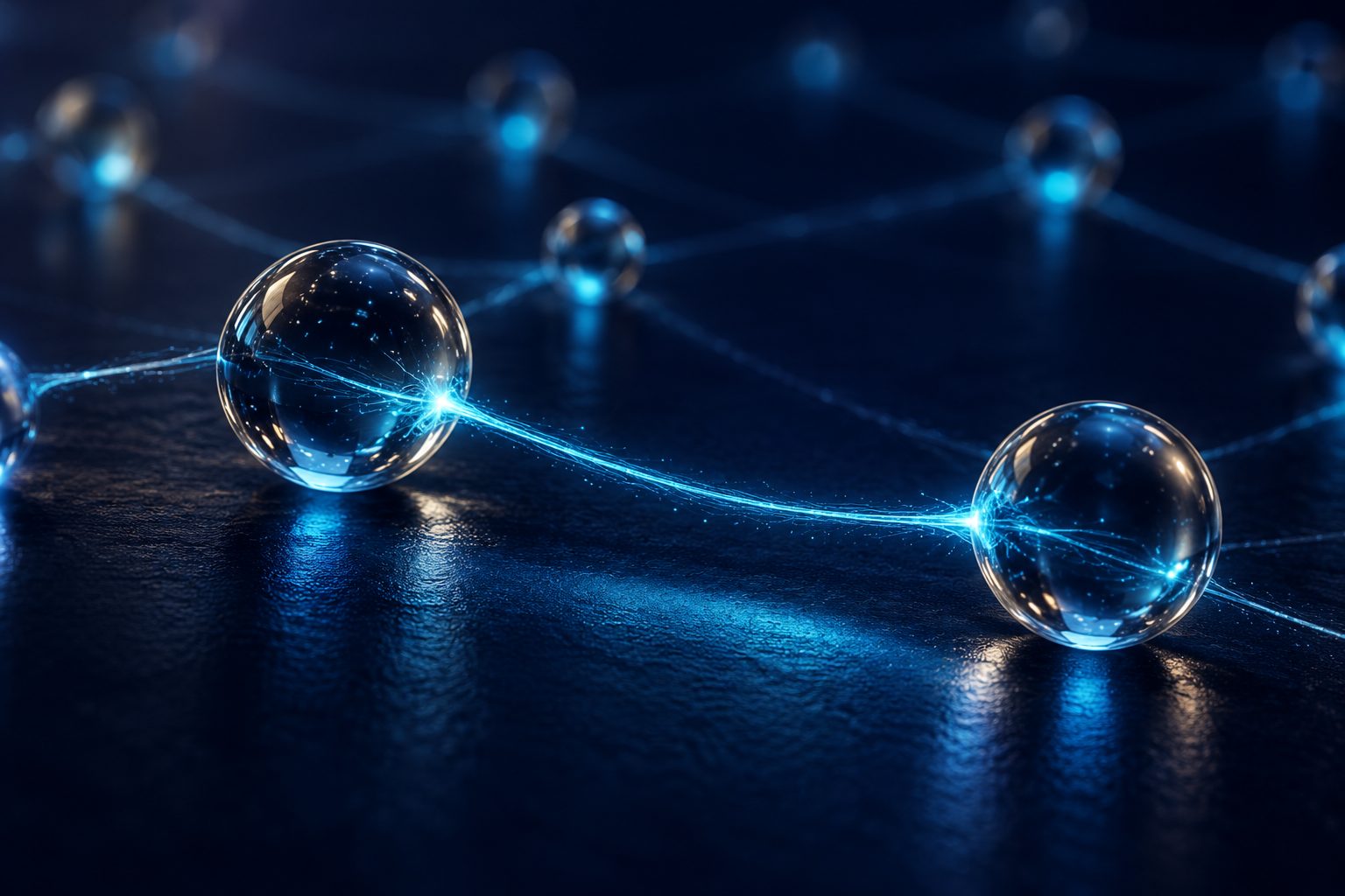 Two glass spheres joined by a glowing thread within a wider network