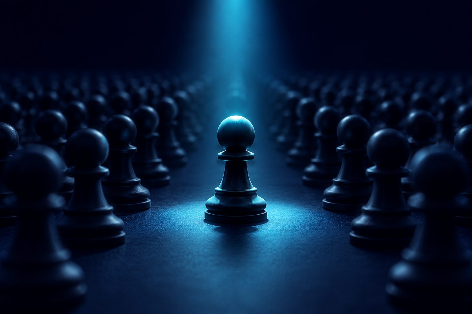One chess pawn lit by a spotlight among rows of dark pawns