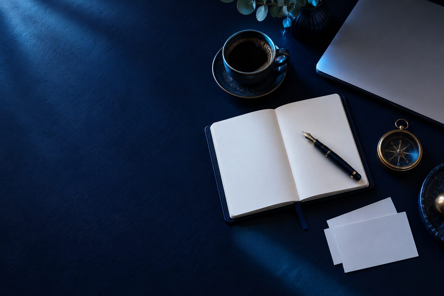 A navy desk set for a planning session: open notebook, fountain pen, coffee and a compass